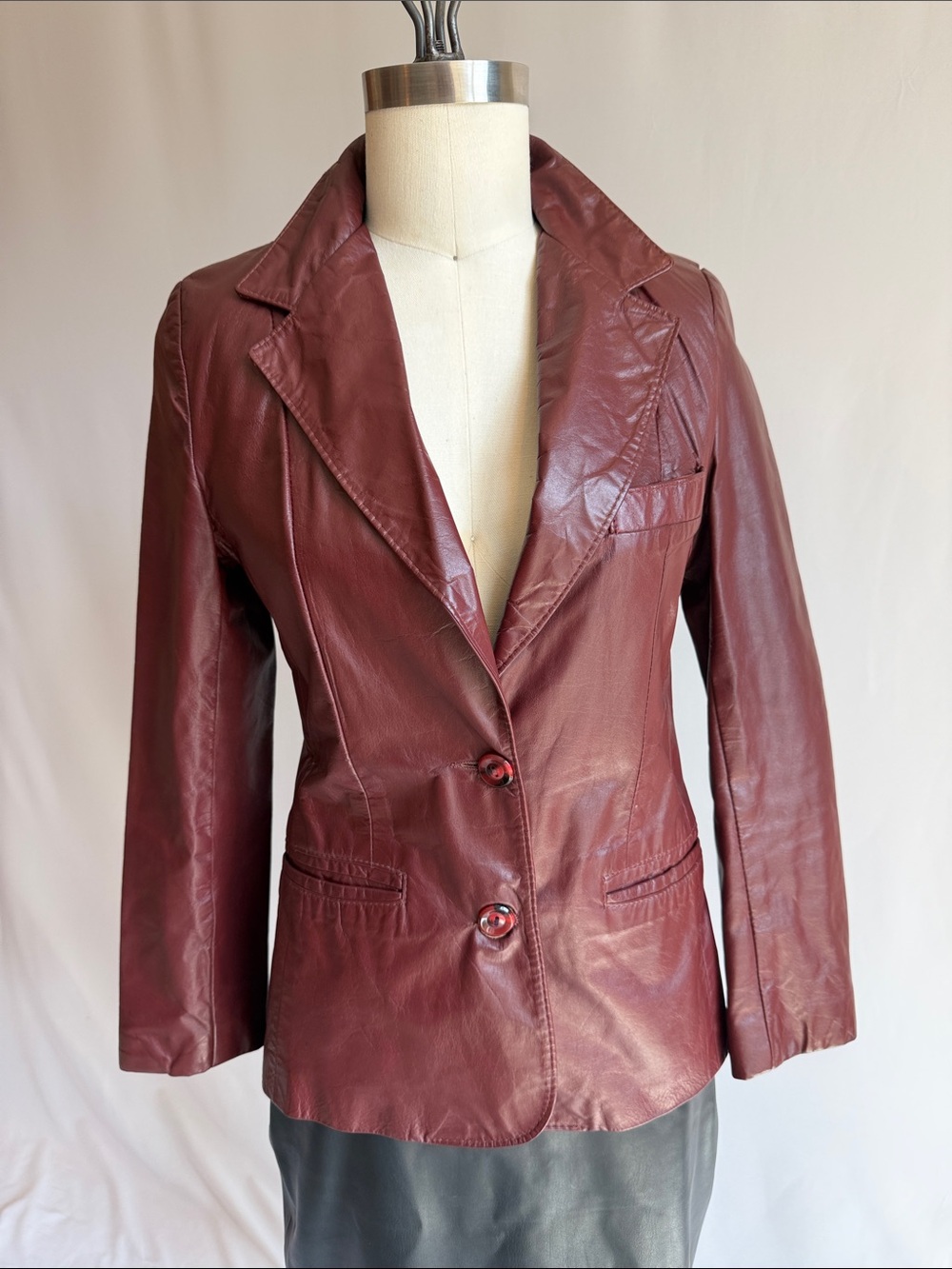 Women's Burgundy Leather Blazer Jacket - Tailored Two-Button